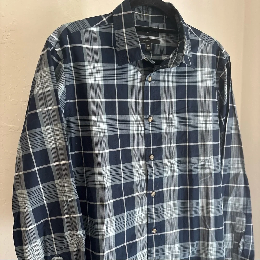Banana Republic Untucked Fit Blue Plaid Cotton Button Front Collared Shirt, M